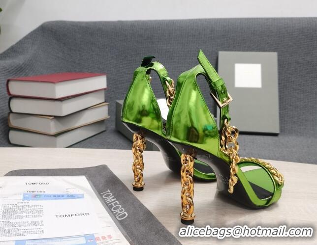 Classic Hot Tom Ford Mirror Leather Chain Heel Ankle Strap Sandals 105mm Heel Green 0420061