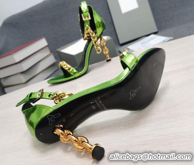 Classic Hot Tom Ford Mirror Leather Chain Heel Ankle Strap Sandals 105mm Heel Green 0420061