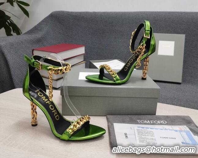 Classic Hot Tom Ford Mirror Leather Chain Heel Ankle Strap Sandals 105mm Heel Green 0420061