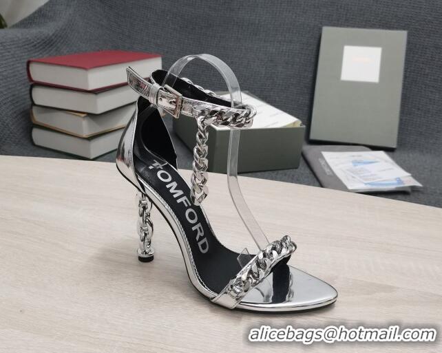 Duplicate Tom Ford Mirror Leather Chain Heel Ankle Strap Sandals 105mm Heel Silver 0420062