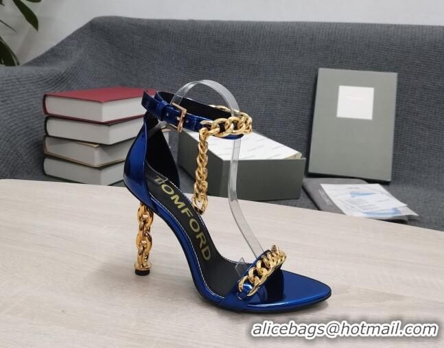 Perfect Tom Ford Mirror Leather Chain Heel Ankle Strap Sandals 105mm Heel Blue 0420064