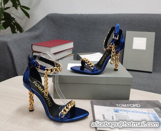 Perfect Tom Ford Mirror Leather Chain Heel Ankle Strap Sandals 105mm Heel Blue 0420064