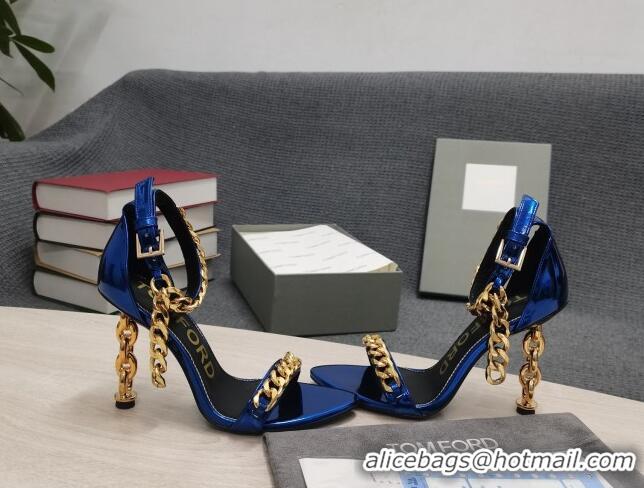 Perfect Tom Ford Mirror Leather Chain Heel Ankle Strap Sandals 105mm Heel Blue 0420064