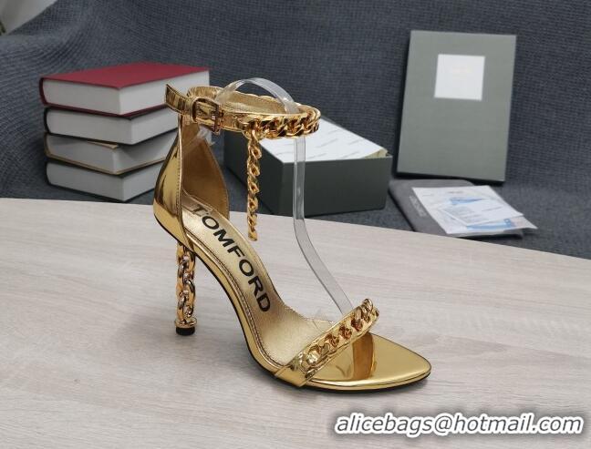 Particularly Tom Ford Mirror Leather Chain Heel Ankle Strap Sandals 105mm Heel Gold 0420065