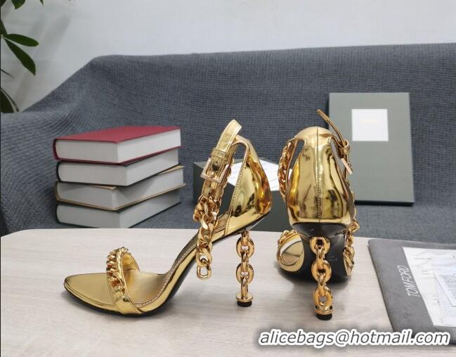 Particularly Tom Ford Mirror Leather Chain Heel Ankle Strap Sandals 105mm Heel Gold 0420065