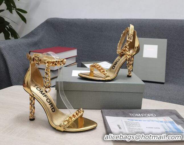 Particularly Tom Ford Mirror Leather Chain Heel Ankle Strap Sandals 105mm Heel Gold 0420065