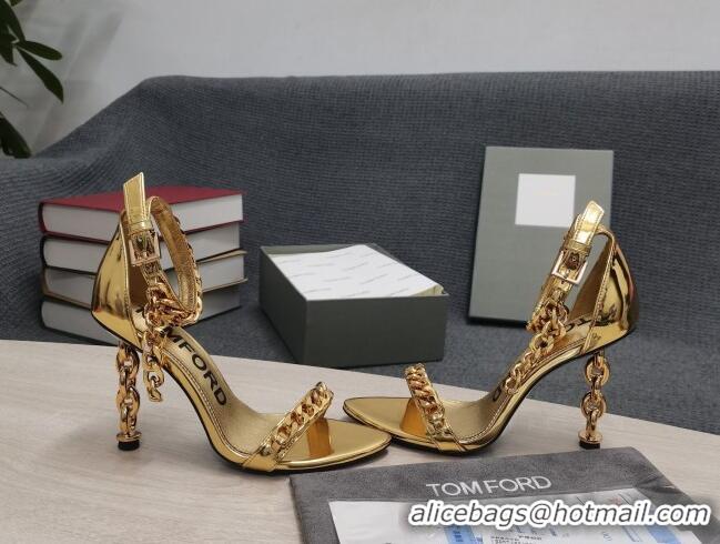 Particularly Tom Ford Mirror Leather Chain Heel Ankle Strap Sandals 105mm Heel Gold 0420065