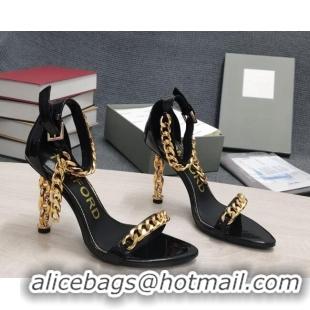 Pretty Style Tom Ford Mirror Leather Chain Heel Ankle Strap Sandals 105mm Heel Black 0420066