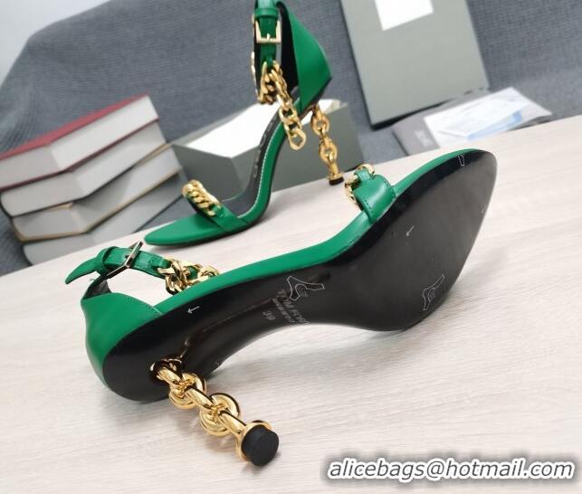 Fashion Luxury Tom Ford Leather Chain Heel Ankle Strap Sandals 105mm Heel Green 0420068