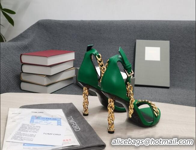 Fashion Luxury Tom Ford Leather Chain Heel Ankle Strap Sandals 105mm Heel Green 0420068