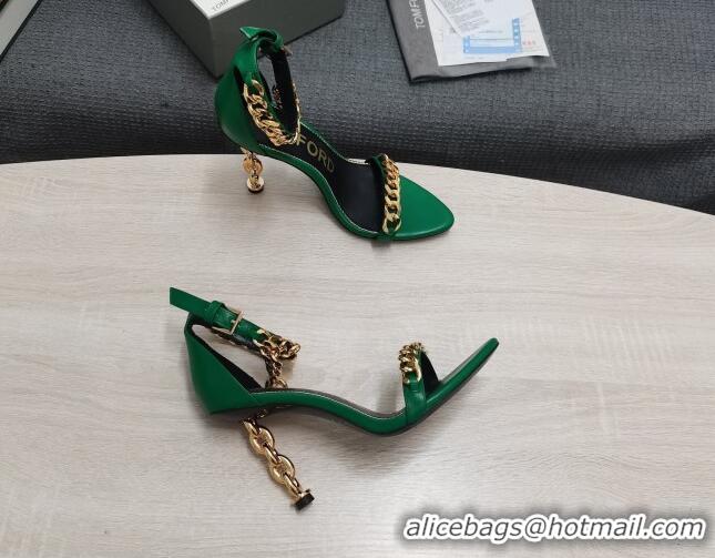 Fashion Luxury Tom Ford Leather Chain Heel Ankle Strap Sandals 105mm Heel Green 0420068