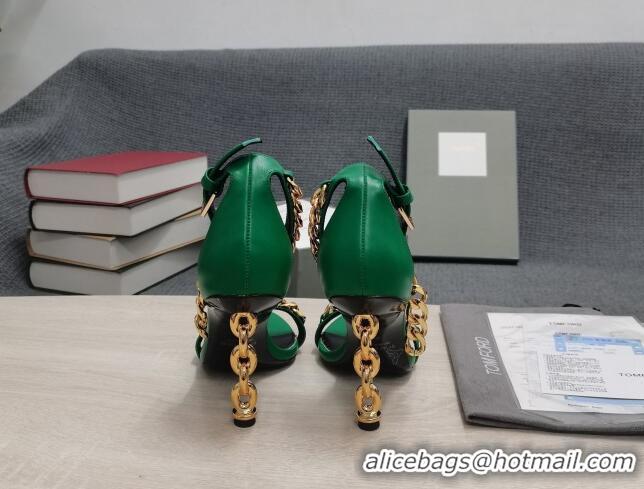 Fashion Luxury Tom Ford Leather Chain Heel Ankle Strap Sandals 105mm Heel Green 0420068