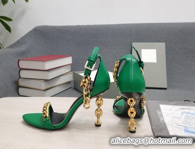 Fashion Luxury Tom Ford Leather Chain Heel Ankle Strap Sandals 105mm Heel Green 0420068