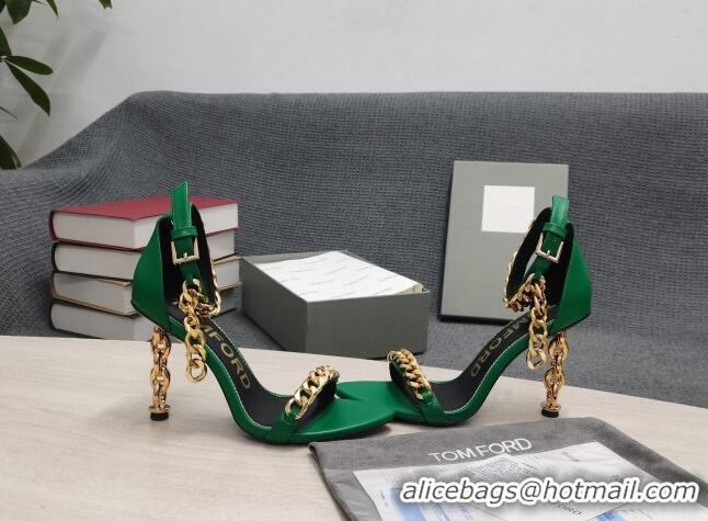 Fashion Luxury Tom Ford Leather Chain Heel Ankle Strap Sandals 105mm Heel Green 0420068