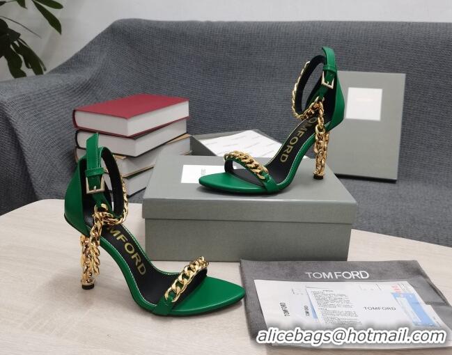 Fashion Luxury Tom Ford Leather Chain Heel Ankle Strap Sandals 105mm Heel Green 0420068