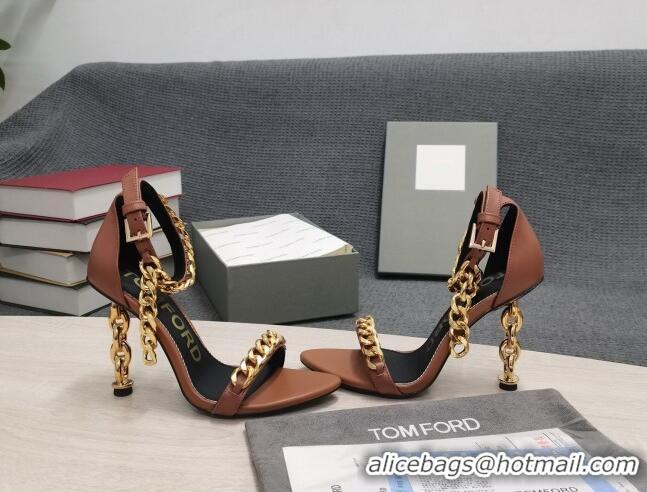 Stylish Tom Ford Leather Chain Heel Ankle Strap Sandals 105mm Heel Brown 0420069