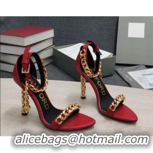 Inexpensive Tom Ford Leather Chain Heel Ankle Strap Sandals 105mm Heel Red 0420070