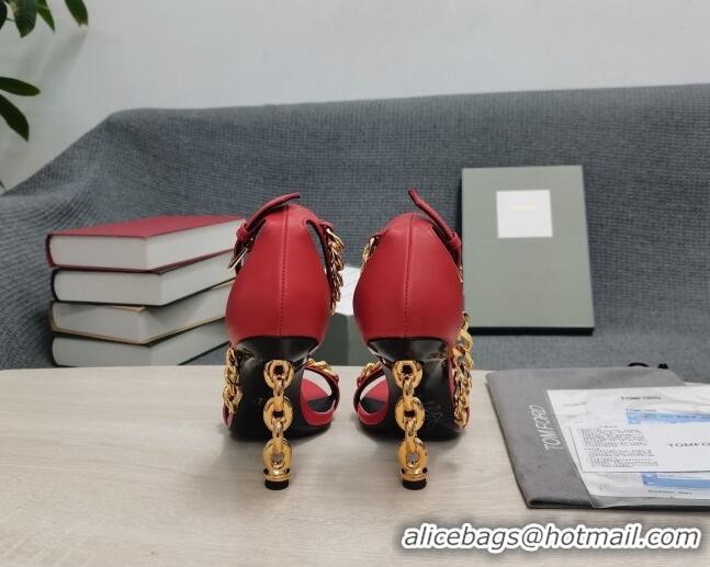 Inexpensive Tom Ford Leather Chain Heel Ankle Strap Sandals 105mm Heel Red 0420070