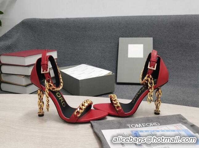 Inexpensive Tom Ford Leather Chain Heel Ankle Strap Sandals 105mm Heel Red 0420070