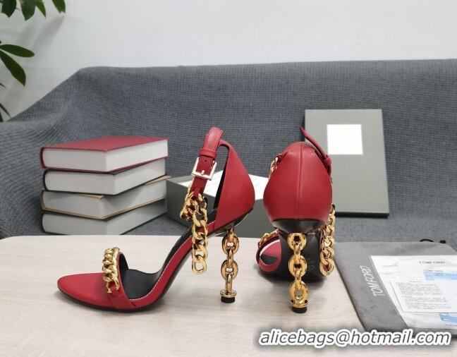 Inexpensive Tom Ford Leather Chain Heel Ankle Strap Sandals 105mm Heel Red 0420070