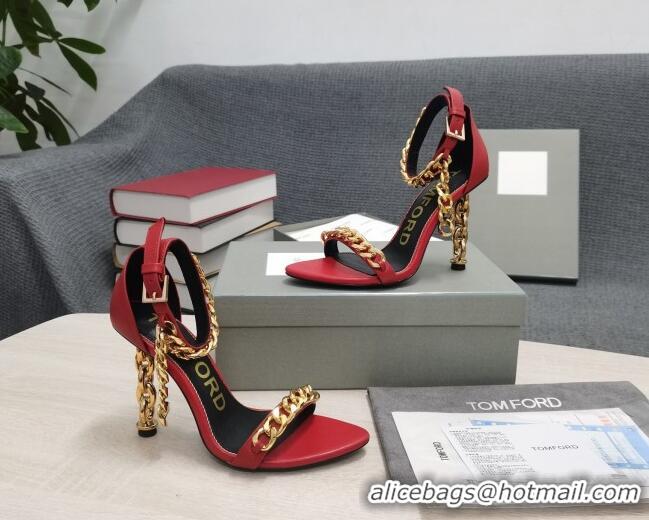 Inexpensive Tom Ford Leather Chain Heel Ankle Strap Sandals 105mm Heel Red 0420070