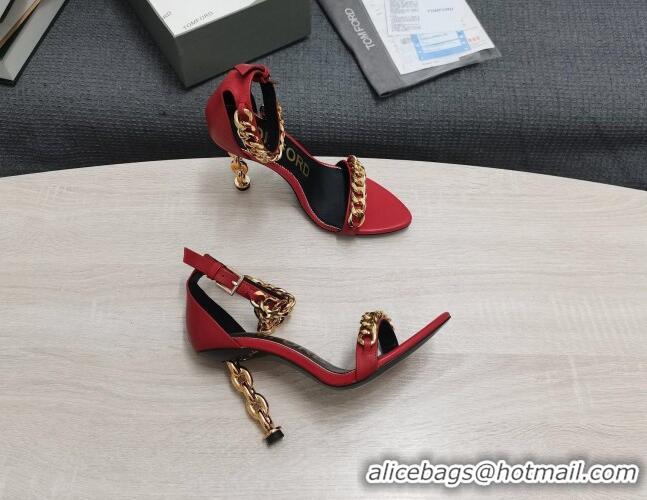 Inexpensive Tom Ford Leather Chain Heel Ankle Strap Sandals 105mm Heel Red 0420070