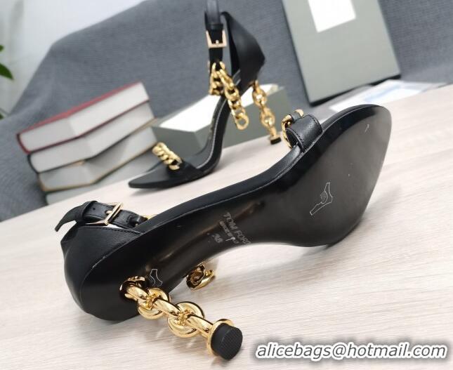 Luxury Tom Ford Leather Chain Heel Ankle Strap Sandals 105mm Heel Black 0420071