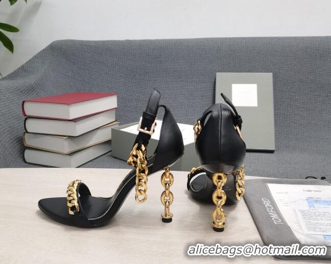 Luxury Tom Ford Leather Chain Heel Ankle Strap Sandals 105mm Heel Black 0420071