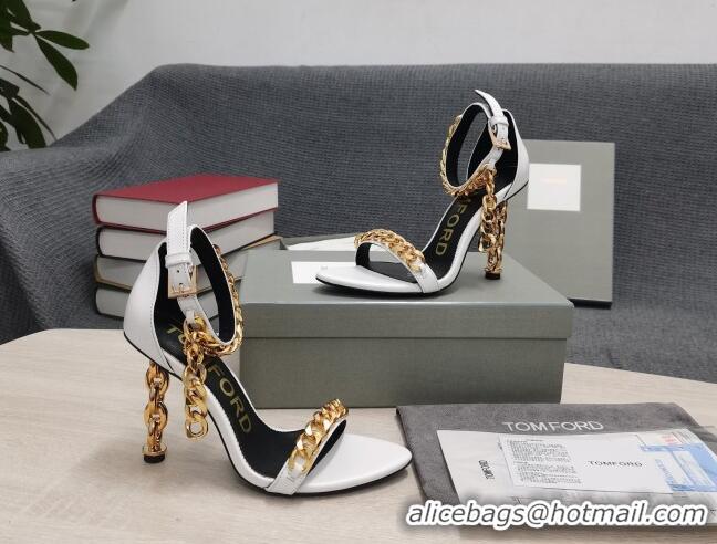 Good Looking Tom Ford Leather Chain Heel Ankle Strap Sandals 105mm Heel White 0420072