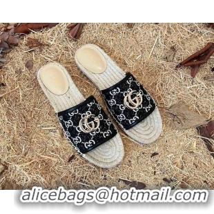 Top Quality Gucci Jacquard Denim Espadrille Slide Sandals Black 052320