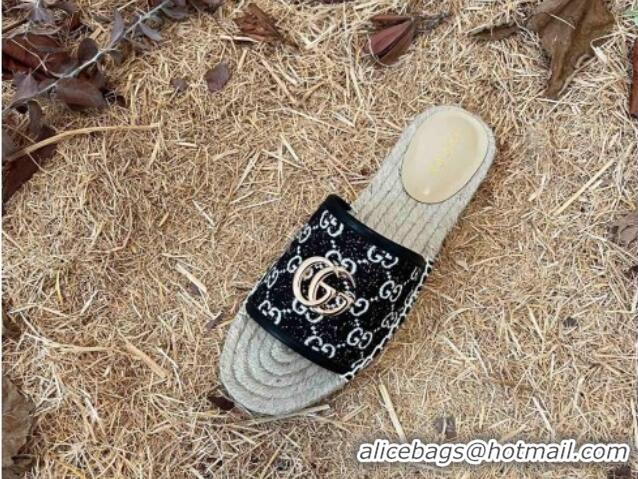 Top Quality Gucci Jacquard Denim Espadrille Slide Sandals Black 052320