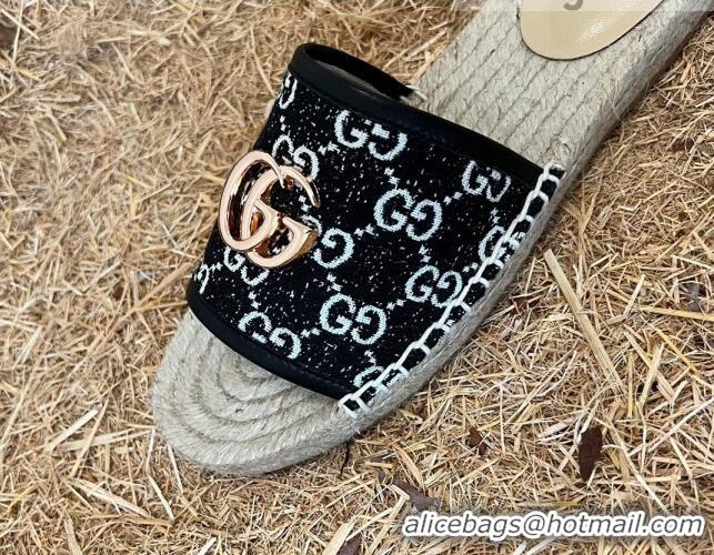 Top Quality Gucci Jacquard Denim Espadrille Slide Sandals Black 052320