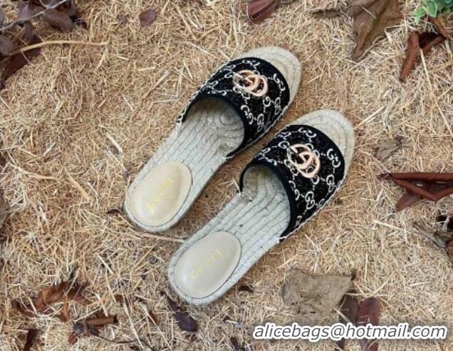 Top Quality Gucci Jacquard Denim Espadrille Slide Sandals Black 052320