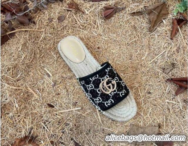 Top Quality Gucci Jacquard Denim Espadrille Slide Sandals Black 052320