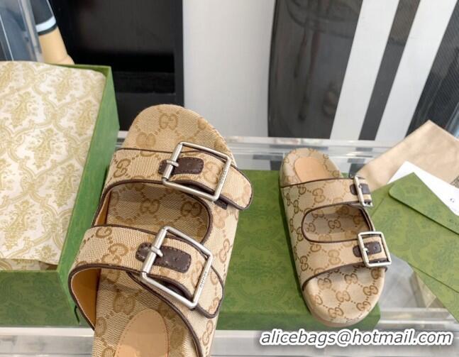 Good Taste Gucci GG Canvas Buckle Flat Slide Sandals Beige/Brown 052322