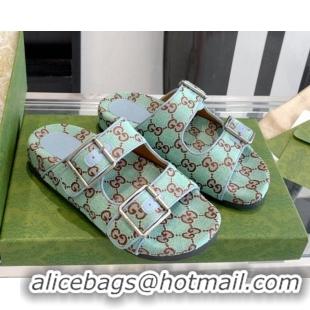 Discount Gucci GG Canvas Buckle Flat Slide Sandals Green/Blue 052323