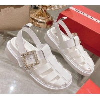 Discount Roger Vivier Rangers Calf Leather and Fabric Strap Sandals White/Crystal 323102