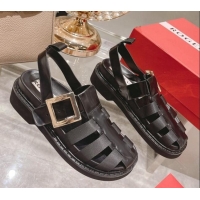 Most Popular Roger Vivier Rangers Calf Leather and Fabric Strap Sandals Black/Gold 323103