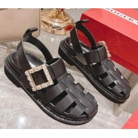 Good Looking Roger Vivier Rangers Calf Leather and Fabric Strap Sandals Black/Crystal 323104