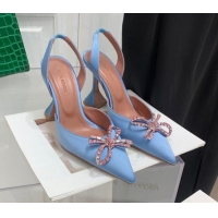 Luxury Amina Muaddi Silk High Heel Open Pumps 9.5cm Light Blue 032446