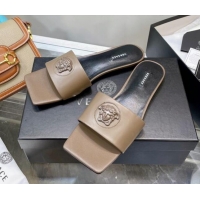 Good Quality Versace Lambskin Flat Side Sandals Taupe 032642