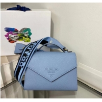 Popular Style Prada Monochrome Saffiano and leather bag 1BD317 sky blue