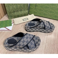 Discount Gucci GG Canvas Platform Crossover Slide Sandals 5.5cm Grey/Blue 041311