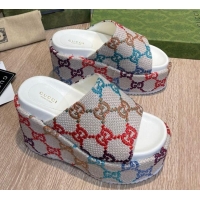 Top Grade Gucci GG Jacquard Wedge Platform Slide Sandals 12cm White/Multicolor 041320