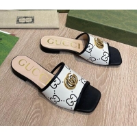 Top Grade Gucci 100 GG Calfskin Flat Slide Sandals White/Black 041332