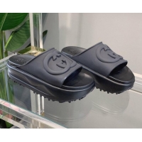 Most Popular Gucci Rubber Flatform Slide Sandal with Interlocking G Black 422102