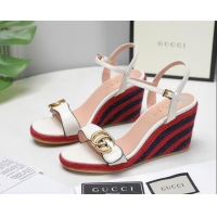 Good Product Gucci Calfskin Wedge Sandals 8cm White/Red/Navy Blue 050729