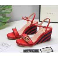 Top Grade Gucci Calfskin Wedge Sandals 8cm Red Leather/Navy Blue 050731