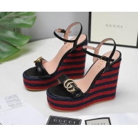 Good Looking Gucci Calfskin Wedge Platform Sandals 13cm Black/Red/Navy Blue 050734 