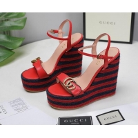 Top Design Gucci Calfskin Wedge Platform Sandals 13cm Red Leather/Navy Blue 050735